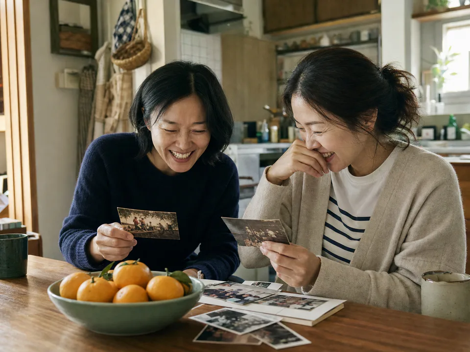 오래된 사진을 함께 보며 웃는 두 친구