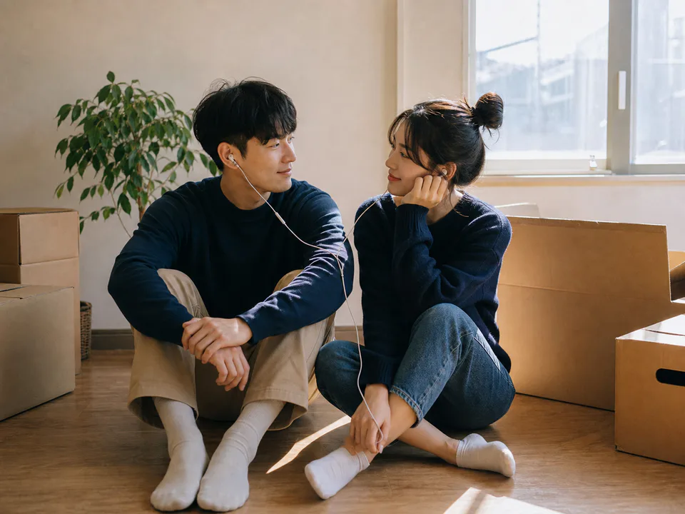이사를 앞둔 집에서 이어폰을 나눠 낀 예비부부